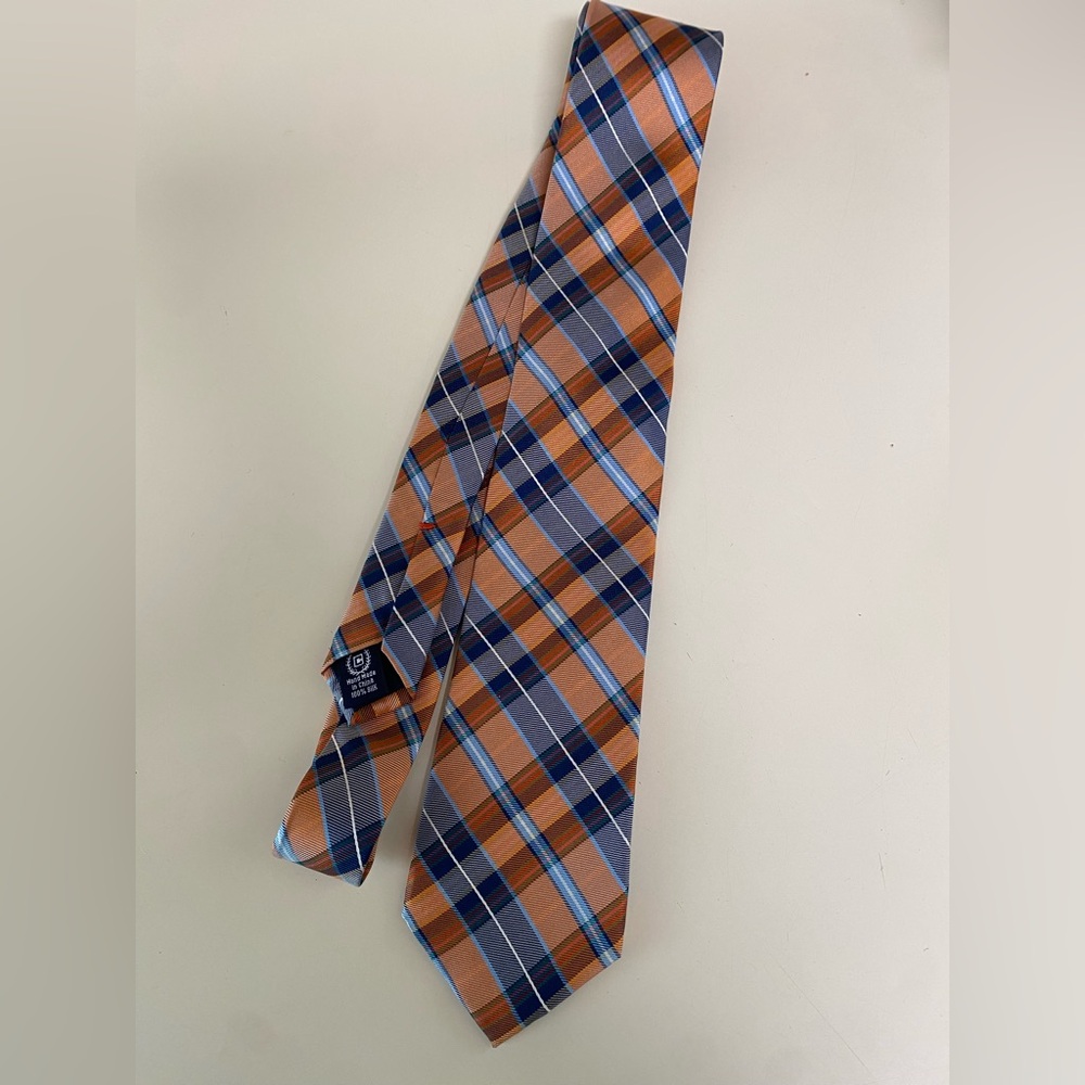 CHAPS Men’s 100% Silk Plaid‎ Necktie Orange Navy